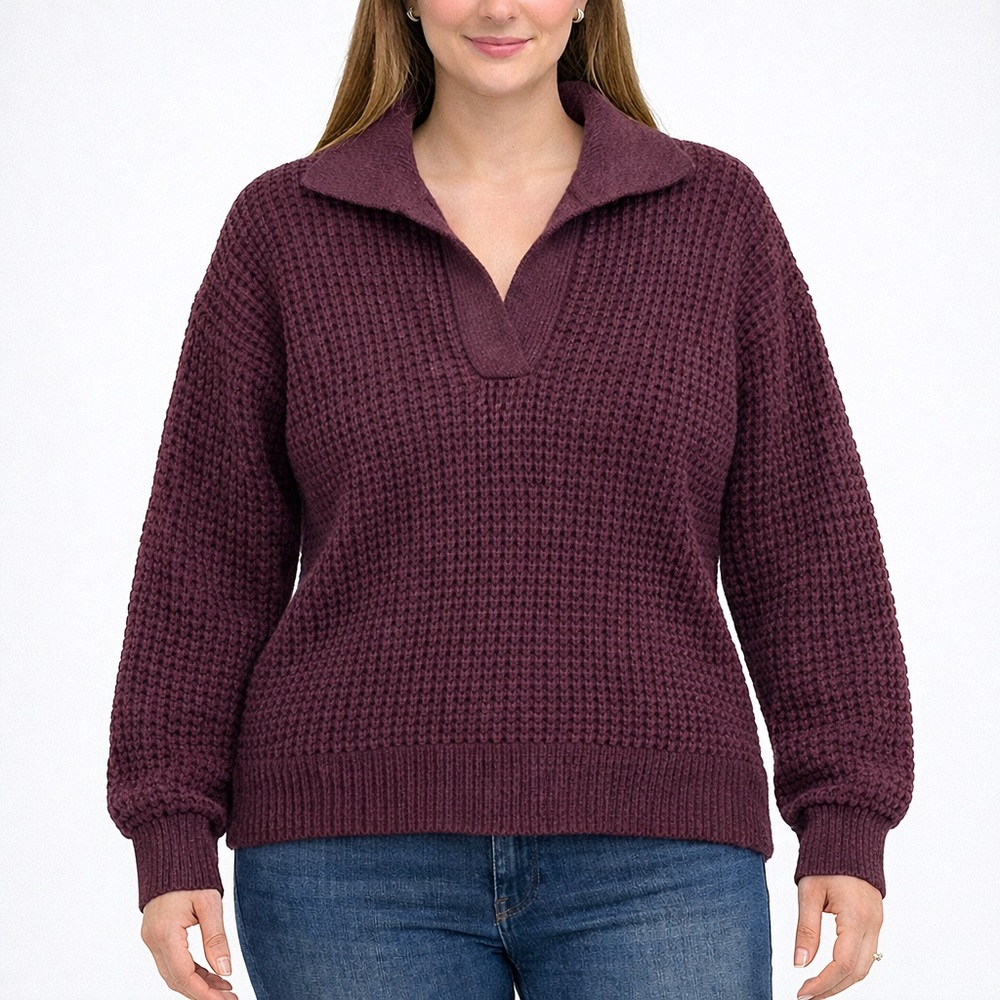 Madewell Waffle Knit Collar Sweater V Neck Burgundy‎ Red Size M